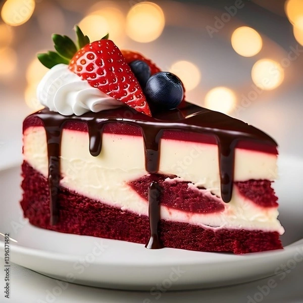 Obraz A decadent slice of red velvet strawberry cheesecake with rich, vibrant red layers of moist red velvet cake, sandwiching a thick, creamy white cheesecake filling.