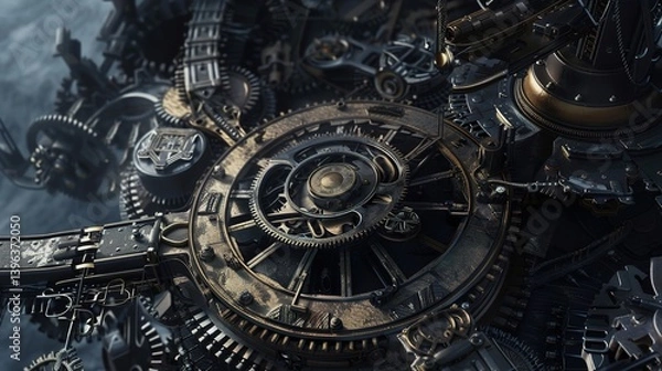 Obraz Immerse in the Steampunk World: A Grand Display of Gear Clockwork Mechanisms! The picture presents a complex steampunk - style gear clockwork mechanism. The bronze - colored gears are interlocked