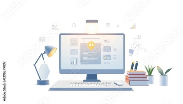 Fototapeta Modern Minimalist Workspace Setup With Desk And Plants