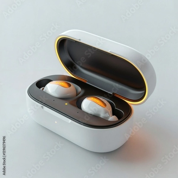 Fototapeta Opened wireless charging case with earbuds on white background