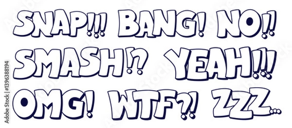 Obraz Speech bubbles pack with worlds snap, bang, no, smash, yeah, omg, wtf, zzz black and white worlds.
