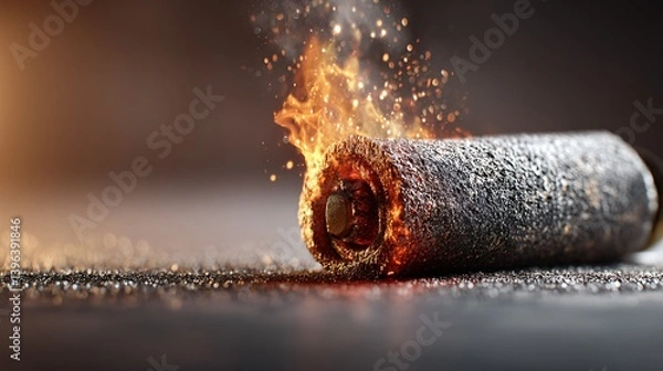 Fototapeta Battery engulfed in flames, sparks rising from burnt edges, laying on dark surface