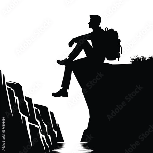 Fototapeta Man Sitting on Edge of a Cliff silhouette icon Clipart image isolated on white background