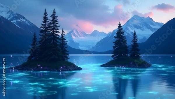 Obraz Magical Lake  Mountains  Twilight  Islands  Trees  Serenity