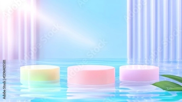 Obraz Pastel Podiums in a Serene Water Setting: A Minimalist 3D Render