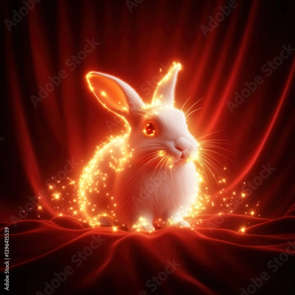 Obraz A white rabbit is sitting on a red cloth with a glowing effect around it. The rabbit is surrounded by a lot of sparkles, which gives the image a magical and whimsical feel