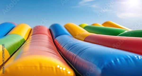 Fototapeta Colorful Inflatable Obstacle Course Under a Sunny Sky