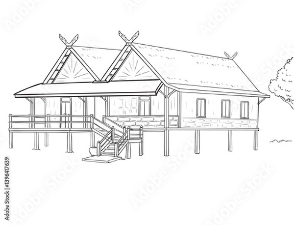 Obraz A wooden house in a Thailand style in a rural area, built with wood, with freehand lines drawn.