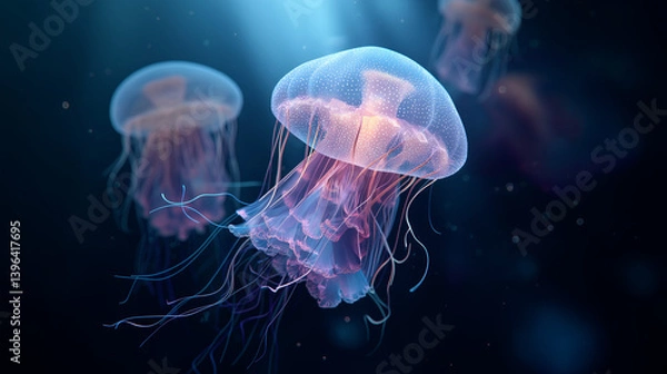 Fototapeta Glowing Jellyfish in Deep Ocean Water with Ethereal Lighting and Space for Text

