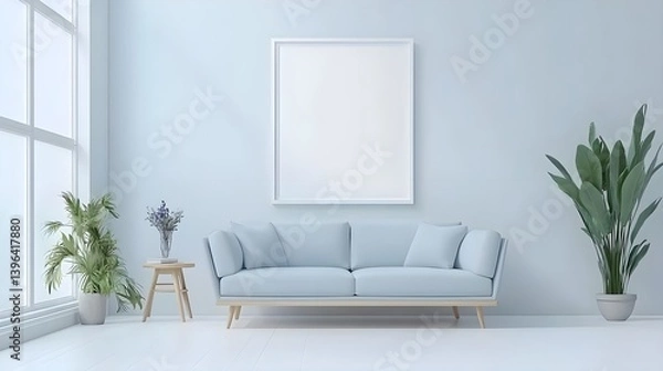 Obraz Minimalist Interior with Blank Frame and Light Blue Sofa Design