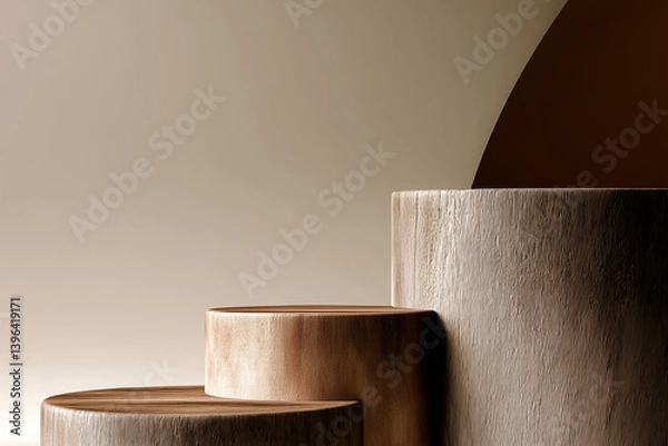 Obraz wood product display podium on a beige background,ideal mockup for product display presentation backdrop design