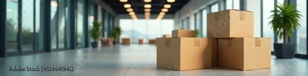 Fototapeta Stacked cardboard boxes in empty office lobby , cardboard, cardboard boxes