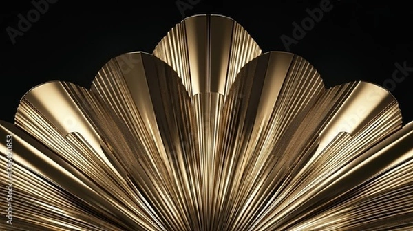 Fototapeta Seamless Golden Art Deco Palm Fan Pattern with Abstract Geometric Arches, Gold Plated Relief Sculpture on Black Background, Vintage and Modern Design