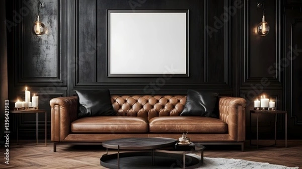Obraz Elegant Leather Sofa in Modern Living Room with Dark Accents