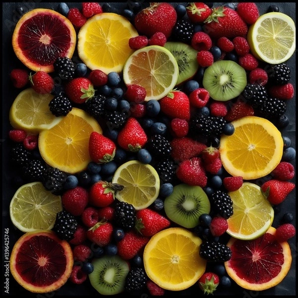 Fototapeta A vibrant, colorful fruit platter featuring a color contrast of lime, grapefruit, kiwi, blueberries, blackberries and strawberries