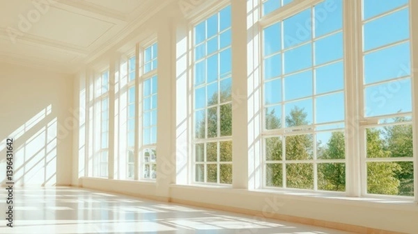Fototapeta Bright And Spacious Room With Large Windows Offering Views Of Lush Green Trees And Clear Blue Sky On A Sunny Day