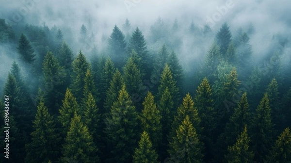 Fototapeta Misty Mountain Forest Aerial View: An Enchanting Panorama of Evergreen Trees