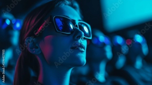 Fototapeta 100.A close-up of an audience wearing 3D glasses, their faces illuminated by the glow of the movie screen, which is blank, giving ample space for adding a digital movie or advertisement.