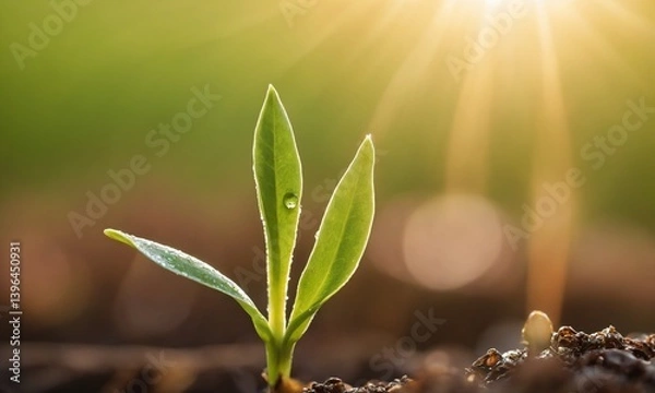 Fototapeta 비옥한땅에서 새싹이 피어난다 이슬이 맺혀있다.
