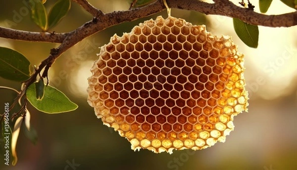Fototapeta The honeycomb structure, a marvel of nature, hangs elegantly from a tree branch.