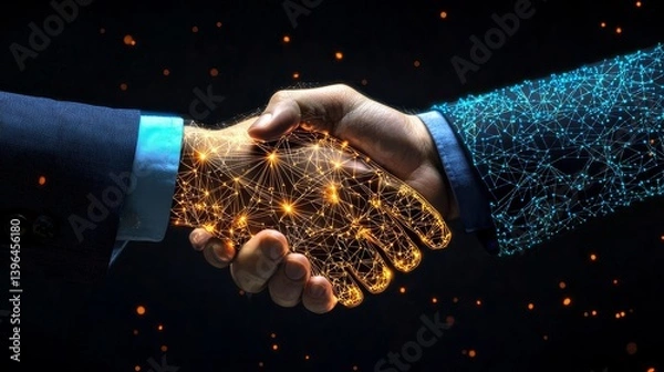 Fototapeta A human and a robot engage in a handshake, highlighting the connection between technology and humanity.