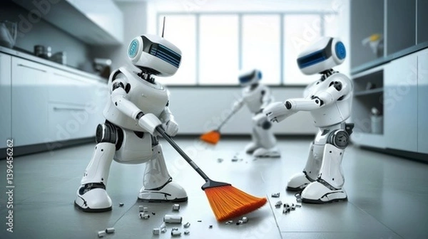 Obraz A glimpse into automated kitchen maintenance with intelligent robots using brooms.