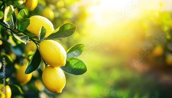 Fototapeta A picturesque lemon plantation with space for design and text.