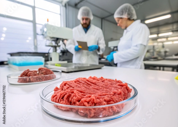 Fototapeta Two scientists review data in a synthetic cultured meat laboratory surrounded by samples of lab-grown meat on a table. Clean and modern equipment is visible.