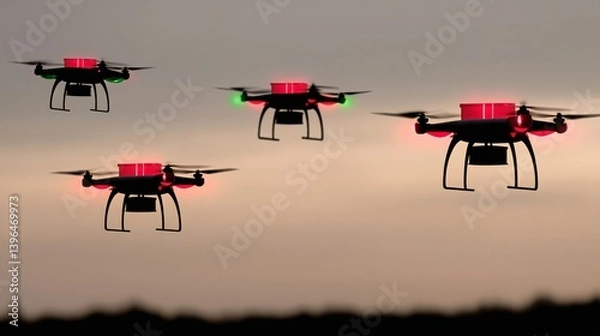 Fototapeta Four drones fly against a hazy sky
