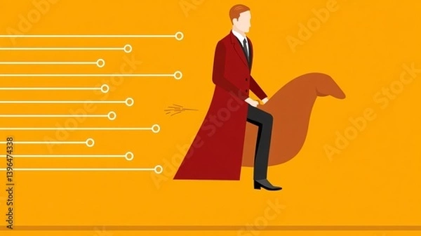 Fototapeta A figure rides an abstract animal with lines following behind on a simple yellow background