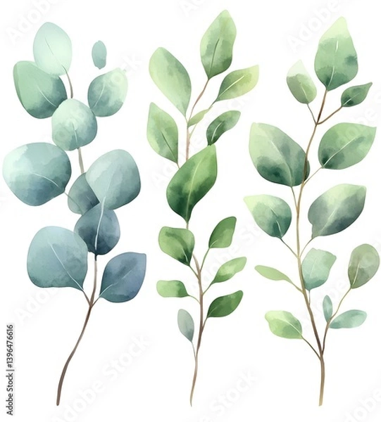 Obraz Watercolor green eucalyptus leaves frame on a white background, with a soft and subtle color palette. This clip art is suitable for a wedding invitation,