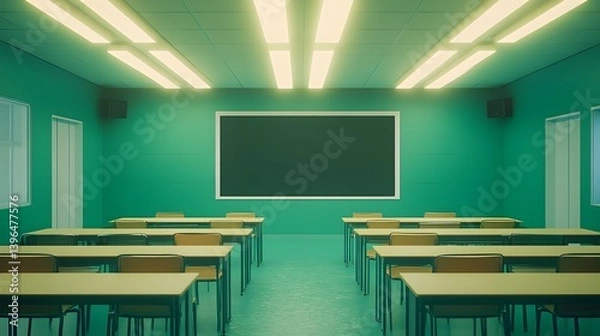 Fototapeta Empty classroom with desks chairs blackboard and fluorescent lights in green tone.