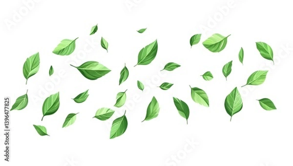 Fototapeta Mint leaves flying in the air on a white background, in a flat lay. Green mint leaves falling down, isolated 