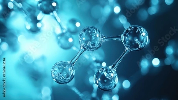Obraz Abstract Bioluminescent Nano-Structures Suspended in Teal Fluid with Depth of Field Effect - Futuristic Medical Research and Bioengineering Visualization