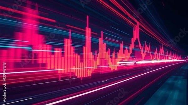 Fototapeta Market Dynamics: Abstract representation of fluctuating financial data, illustrated by a dynamic, glowing line graph.