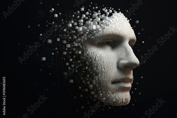 Fototapeta Abstract 3D face formed from white cubes dissolving into space, symbolizing digital identity and transformation, ideal for tech, AI, or futuristic concept visuals