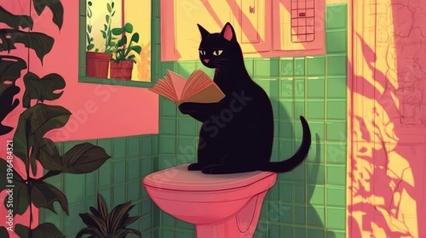 Fototapeta A black cat reads a book on a pink toilet in a sunlit bathroom.