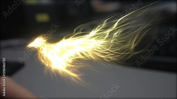 Fototapeta Glowing, ethereal, abstract bird in flight, bright yellow. Fluid, energy, and dynamic movement