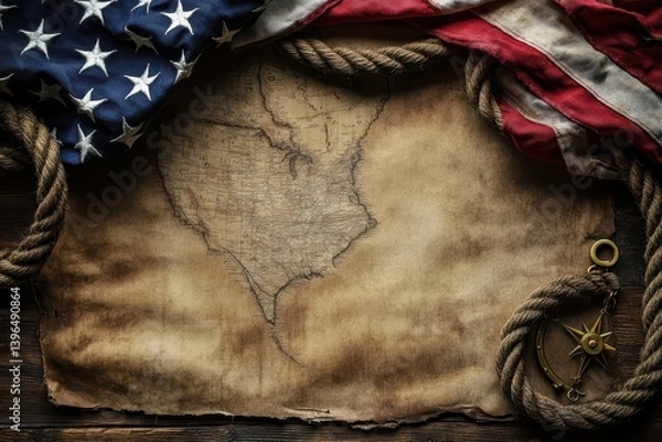 Fototapeta American Patriotic Heritage Journey Quest Map with Vintage Compass, Distressed USA Flag and Naval Rope for Historical Navigation Exploration