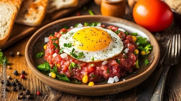 Fototapeta Traditional Beef Tartare with Egg on Top Served on a Plate