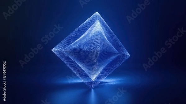 Fototapeta A glowing, wireframe diamond floats above a dark surface, illuminated by a central light source. It evokes a futuristic, crystalline aesthetic