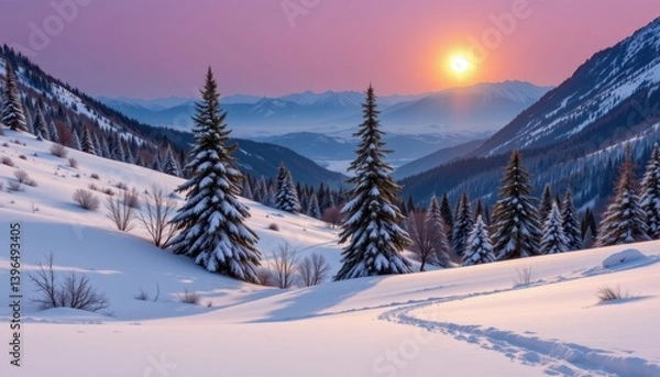 Fototapeta Winter Wonderland A snow covered mountain landscape with a glowing full moon, creating serene shadows among the trees.