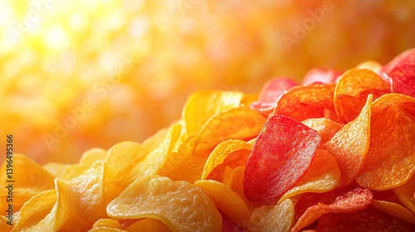 Obraz A vibrant pile of colorful potato chips in various natural shades symbolizes diversity, creativity, and the fusion of tradition with modern organic vegetable-based snacking innovation.

