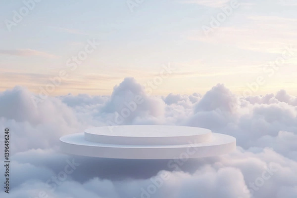 Fototapeta Minimal 3D white podium floating above soft white clouds at sunrise, ideal for product display or text overlay.