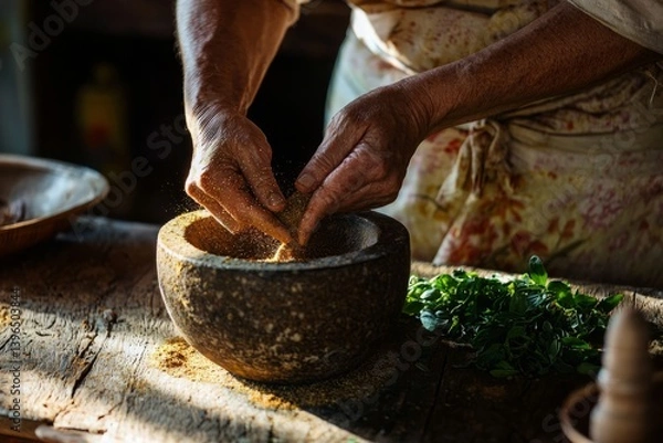Fototapeta Hands grinding fresh spices in a mortar, the rich aroma filling the air. The kitchen is quiet, sunlight catching the edge of the wooden table