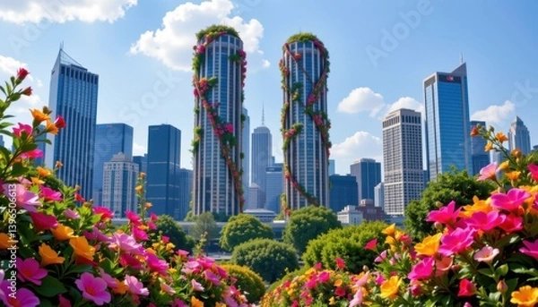 Fototapeta Urban Blossom A cityscape featuring tall skyscrapers intertwined with vibrant flowers and greenery, blending nature and architecture.