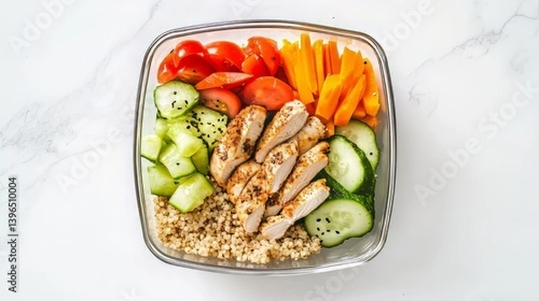 Fototapeta Healthy grain bowl with sliced chicken, cucumbers, tomatoes, carrots, and quinoa for a balanced meal.