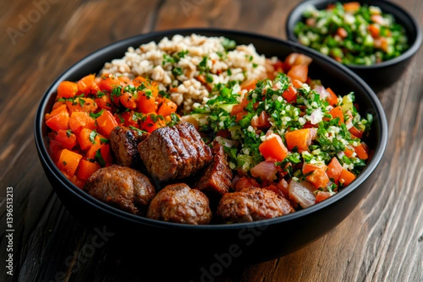 Fototapeta A vibrant bowl of grilled meatballs, fresh vegetables, and grains, showcasing a colorful and appetizing meal.