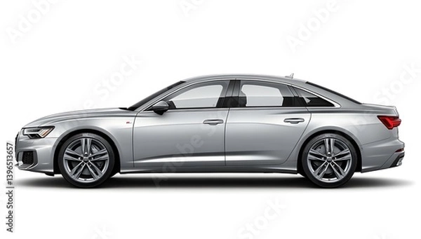 Fototapeta Side view of a silver color car, in silver color on a white background