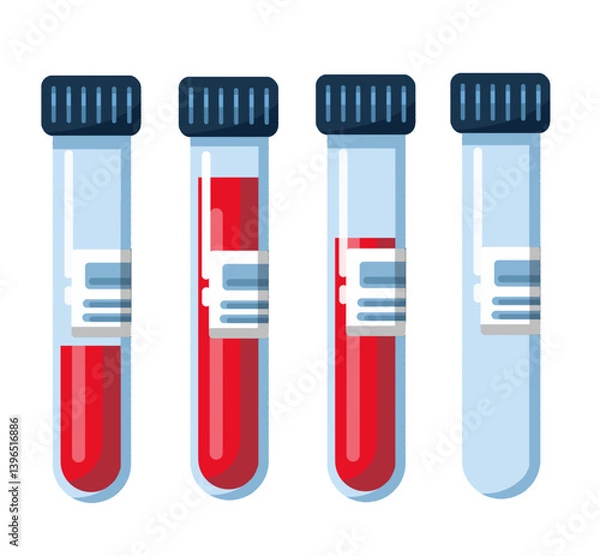 Obraz Blood sample for medical test with different blood volume. Set of blood test tubes isolated on white background. Suitable elements design for laboratory research, chemistry, and medical analysis.